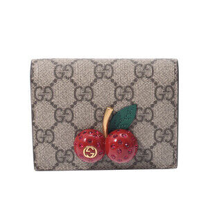 Gucci Cherry Compact Wallet Beige Red GG Supreme Canvas Bifold